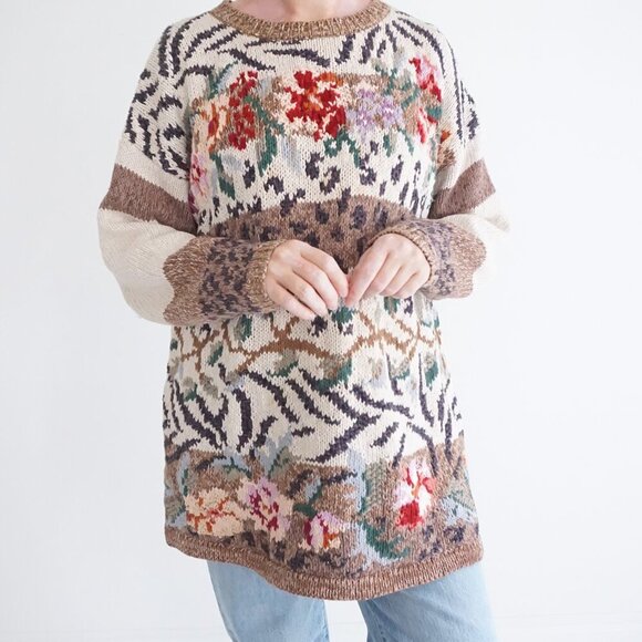 Vintage Tiara Cream Brown Knit Floral Knit Cotton Blend Crewneck Sweater XL - Picture 3 of 13